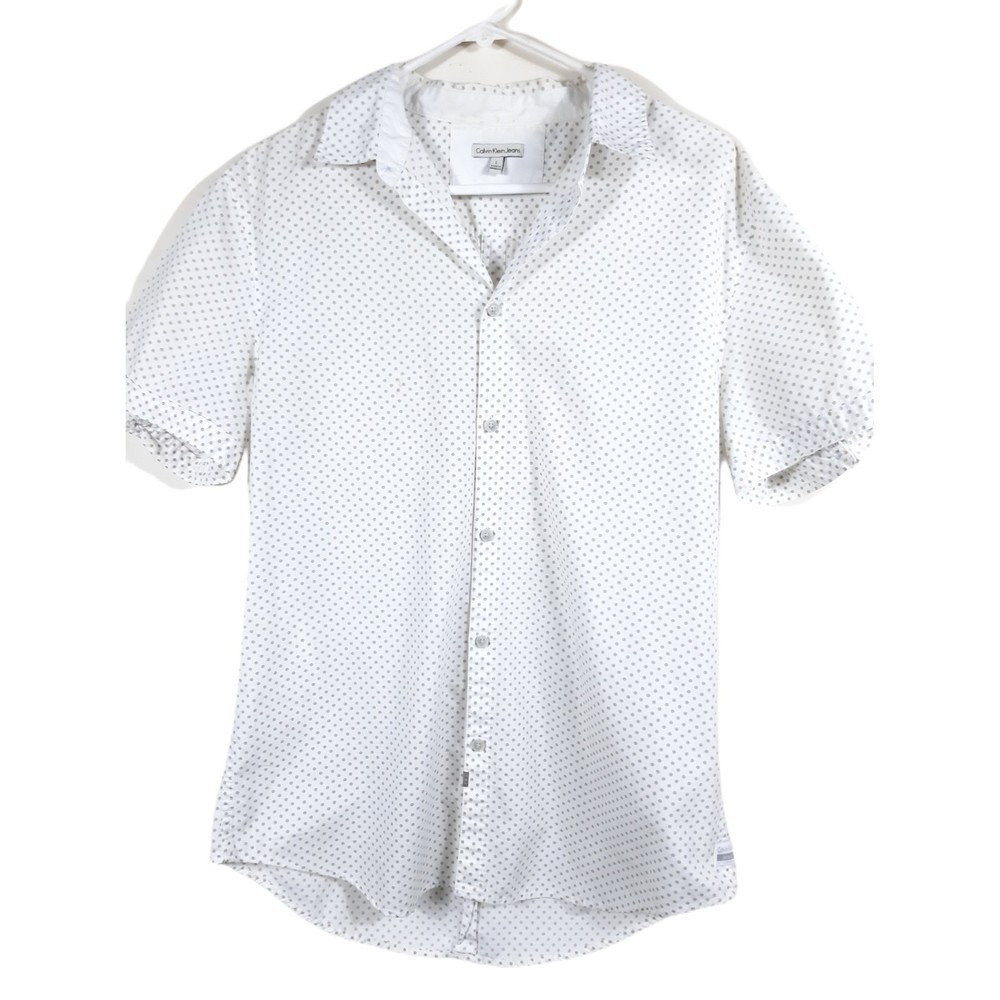 Calvin Klein Short Sleeved Button Down Shirt White w/ Tan Dots Mens Size Large